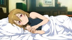 Rule 34 | 1girl, bed, brown hair, game cg, hair down, highres, indoors, looking at viewer, lying, official art, on bed, on side, own hands clasped, own hands together, pillow, pov across bed, red eyes, silica, smile, solo, sword art online, sword art online: hollow fragment