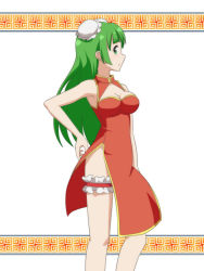 Rule 34 | 1girl, alternate costume, alternate hairstyle, bare arms, bare legs, bare shoulders, breasts, bridal garter, bun cover, cato (monocatienus), china dress, chinese clothes, cleavage, commentary request, double bun, dress, feet out of frame, green eyes, green hair, hair bun, kagiyama hina, long hair, looking at viewer, medium breasts, parted lips, pelvic curtain, profile, red dress, side slit, simple background, sleeveless, sleeveless dress, solo, standing, thighs, touhou, white background
