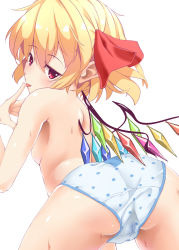 Rule 34 | 1girl, ass, blonde hair, breasts, flandre scarlet, hair ribbon, looking at viewer, looking back, panties, polka dot, polka dot panties, pussy juice stain, red eyes, ribbon, small breasts, solo, sushoyushi, sweat, tongue, tongue out, topless, touhou, underwear, underwear only, wings