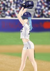 Rule 34 | 1girl, absurdres, baseball cap, baseball glove, baseball jersey, baseball uniform, blue eyes, blue hair, blue hat, blurry, blurry background, breasts, choi seol-hwa, eiundmarmalade, from side, hair down, hat, highres, hololive, hoshimachi suisei, jersey, long hair, looking at viewer, photo-referenced, shorts, small breasts, solo, sportswear, twitter username, virtual youtuber, white shorts