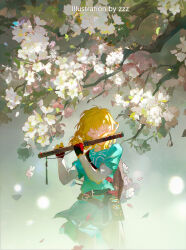 Rule 34 | 1boy, absurdres, blue tunic, closed eyes, fingerless gloves, flute, gloves, highres, instrument, light brown hair, link, music, nature, nintendo, petals, playing instrument, sheikah slate, solo, the legend of zelda, the legend of zelda: breath of the wild, tree, zzz (orchid-dale)