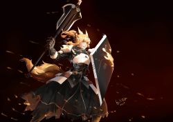 Rule 34 | 1girl, animal ears, arknights, armor, armored dress, axe, blonde hair, breastplate, clenched teeth, embers, extra ears, fighting stance, from side, gauntlets, headset, highres, holding, holding axe, holding shield, holding weapon, horse ears, horse girl, horse tail, knight, long hair, looking afar, nearl (arknights), pauldrons, ponytail, shield, shoulder armor, solo, standing, tail, teeth, weapon, zuosi zhichu