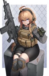 Rule 34 | absurdres, ahoge, armor, assault rifle, black gloves, blonde hair, blue eyes, gloves, gun, hair over shoulder, highres, holding, holding gun, holding weapon, indie virtual youtuber, iting, jacket, knee pads, long hair, long sleeves, nine (kanine41), rifle, short shorts, shorts, sitting, smile, thighs, virtual youtuber, weapon, whiskey project