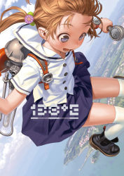 Rule 34 | 1girl, boots, character request, flying, murata range, rubber boots, school uniform, serafuku, skirt, solo, thighhighs, white thighhighs