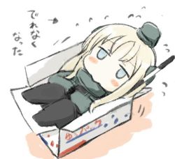 Rule 34 | 10s, 1girl, black legwear, blonde hair, box, chibi, engiyoshi, flying sweatdrops, garrison cap, hat, in box, in container, kantai collection, long hair, lowres, military, military uniform, simple background, solo, stuck, translation request, u-511 (kancolle), uniform