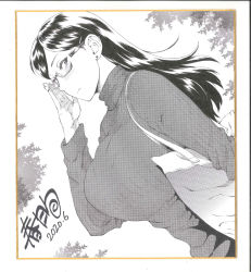 Rule 34 | 1girl, bag, breasts, closed mouth, commentary request, earrings, unworn eyewear, glasses, greyscale, handbag, holding, holding removed eyewear, jewelry, kasuga shun, large breasts, long hair, long sleeves, looking to the side, monochrome, original, parted bangs, sweater, traditional media, translation request, tree, turtleneck, turtleneck sweater, upper body