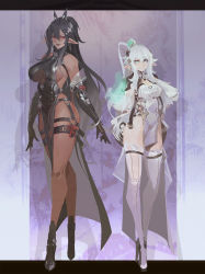 Rule 34 | 2girls, black hair, breasts, china dress, chinese clothes, cleavage, dark-skinned female, dark skin, detached sleeves, dress, green eyes, height difference, high heels, highres, large breasts, long hair, looking at viewer, medium breasts, multiple girls, original, pointy ears, red eyes, simple background, smjim1986, thighhighs, underboob, white hair