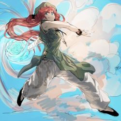 Rule 34 | 1girl, alternate costume, bandages, blue eyes, bow, bracelet, braid, chinese clothes, cloud, colorized, fighting stance, geppewi, hair bow, hair ornament, hat, hong meiling, jewelry, jpeg artifacts, long hair, looking at viewer, looking down, necklace, pants, red hair, shirt, shoes, short sleeves, sketch, smile, solo, touhou, twin braids