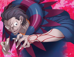 Rule 34 | 1boy, black eyes, claws, fate/zero, fate (series), fingernails, gilles de rais (caster) (fate), ginnyo, grey hair, highres, jewelry, long fingernails, male focus, pink background, ring, solo