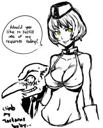 Rule 34 | 1boy, 1girl, atlus, bald, bikini, bikini top only, blush, breasts, cleavage, covered erect nipples, elizabeth (persona), english text, greyscale, hat, igor (persona), large breasts, long nose, monochrome, old, old man, persona, persona 3, short hair, simple background, sketch, smile, spot color, sweat, swimsuit, underboob, white background, yellow eyes