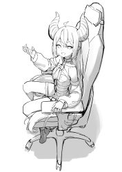 Rule 34 | 1girl, absurdres, ahoge, braid, braided bangs, chair, demon horns, dress, full body, gaming chair, greyscale, hair between eyes, hand up, highres, hololive, horns, la+ darknesss, long sleeves, monochrome, office chair, on chair, puffy long sleeves, puffy sleeves, shadow, sitting, solo, swivel chair, syhan, v-shaped eyebrows, virtual youtuber, white background