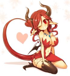 Rule 34 | 1girl, black footwear, blush, borrowed character, breasts, cleavage, collarbone, demon girl, demon horns, demon tail, dress, full body, grin, head tilt, heart, helvetica rami, high heels, highres, horns, jewelry, kuresento, large breasts, looking at viewer, navel, necklace, off shoulder, one eye closed, original, pointy ears, red dress, red eyes, red hair, seiza, simple background, single thighhigh, sitting, smile, solo, spade (shape), strapless, swept bangs, tail, thighhighs, wavy hair, wide hips, wings