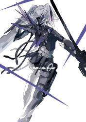 Rule 34 | 1girl, absurdres, cable, cyborg, feet out of frame, from behind, gohanduck, grey hair, headgear, highres, holding, holding weapon, joints, logo, mechanical arms, mechanical legs, mechanical wings, medium hair, punishing: gray raven, robot joints, rosetta: rigor (punishing: gray raven), rosetta (punishing: gray raven), signature, simple background, solo, two side up, weapon, white background, wings