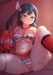 Rule 34 | 1girl, absurdres, bare shoulders, black hair, blush, bow, breasts, cameltoe, cheerleader, closed mouth, clothes writing, commentary, crop top, crop top overhang, dutch angle, fingernails, flower, grey eyes, hair flower, hair ornament, hand on own thigh, highres, holding, holding pom poms, indoors, knee up, kneehighs, light particles, long hair, looking at viewer, love live!, love live! nijigasaki high school idol club, medium breasts, microskirt, navel, no bra, nose blush, one side up, panties, partially visible vulva, pink bow, pink flower, pink rose, pink shirt, pleated skirt, pom pom (cheerleading), pom poms, red panties, red skirt, red socks, rose, shirt, sitting, skirt, sleeveless, sleeveless shirt, smile, socks, solo, spread legs, stomach, striped clothes, striped panties, striped skirt, sweat, takaramonozu, underboob, underwear, unsfrau, yuki setsuna (love live!)