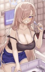 Rule 34 | 1girl, absurdres, asuna (blue archive), bare arms, bare shoulders, blue archive, blue shorts, bra strap, breasts, brown hair, camisole, cleavage, crop top, faucet, grin, highres, holding, holding toothbrush, indoors, large breasts, long hair, looking at viewer, midriff, o-los, purple eyes, short shorts, shorts, sink, smile, solo, spaghetti strap, strap slip, toothbrush, very long hair