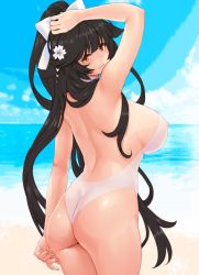 Rule 34 | 1girl, animal ears, arm up, ass, azur lane, bad id, bad twitter id, beach, black hair, blue sky, bow, breasts, commentary request, cowboy shot, day, dog ears, flower, from behind, hair bow, hair ears, hair flaps, hair flower, hair ornament, hayama kazusa, highres, impossible clothes, impossible swimsuit, large breasts, long hair, looking at viewer, looking back, nipples, one-piece swimsuit, see-through, sky, solo, swimsuit, takao (azur lane), takao (beach rhapsody) (azur lane), water, white bow, white one-piece swimsuit, yellow eyes