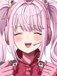 Rule 34 | 1girl, alice (nikke), animal ear headphones, animal ears, blush, bodysuit, clenched hands, closed eyes, cropped jacket, fake animal ears, gloves, goddess of victory: nikke, headphones, headset, highres, jacket, long hair, multicolored clothes, multicolored gloves, open mouth, pink bodysuit, pink eyes, pink gloves, pink headphones, red jacket, shrug (clothing), skin tight, smile, solo, teeth, twintails, two-tone gloves, upper teeth only, yamamori kinako