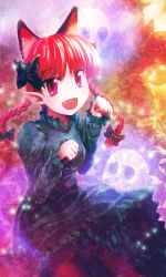 Rule 34 | 1girl, absurdres, animal ears, bow, braid, cat ears, cat girl, extra ears, fangs, female focus, glowing, hair bow, highres, ikamagu, ikmg, kaenbyou rin, looking at viewer, paw pose, pointy ears, red eyes, red hair, short hair, skull, solo, touhou, twin braids, twintails