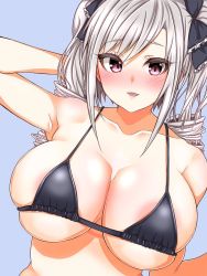 Rule 34 | 1girl, areola slip, arm behind head, bikini, black bikini, black ribbon, blush, bow, breasts, cleavage, collarbone, commentary request, drill hair, feet out of frame, grey hair, hair bow, idolmaster, idolmaster cinderella girls, kanzaki ranko, kokechan, large breasts, long hair, looking at viewer, pink eyes, ribbon, solo, swimsuit, twin drills, upper body