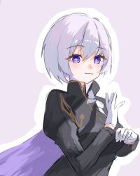 Rule 34 | + +, 1girl, black jacket, cape, closed mouth, colored inner hair, gloves, goddess of victory: nikke, hair between eyes, highres, jacket, liliweiss (nikke), looking at viewer, military uniform, multicolored hair, purple cape, purple eyes, purple hair, short hair, smile, solo, star-shaped pupils, star (symbol), sui nikke, symbol-shaped pupils, uniform, white gloves, white hair