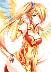 Rule 34 | 1girl, aqua eyes, bad id, bad pixiv id, bare shoulders, breasts, china dress, chinese clothes, chisa, cleavage, cleavage cutout, clothing cutout, dress, elbow gloves, feathered wings, fingerless gloves, gloves, hair over one eye, leilan (p&amp;d), leiran (p&amp;d), light particles, light smile, long hair, puzzle &amp; dragons, side ponytail, solo, very long hair, wings
