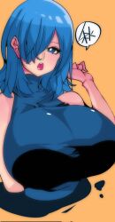 Rule 34 | 1girl, blue eyes, blue hair, breasts, hairband, highres, kinakomochi (user vedc2333), large breasts, looking at viewer, looking to the side, medium hair, one eye covered, open mouth, orange background, original, solo, speech bubble