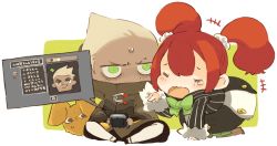Rule 34 | 1boy, 1girl, blonde hair, blush, chibi, classic dungeon, coat, creature, closed eyes, green eyes, hair bobbles, hair ornament, handheld game console, mota, open mouth, playing games, playstation portable, red hair, sweat, tears, twintails