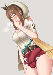Rule 34 | 1girl, atelier (series), atelier ryza, atelier ryza 1, belt, belt buckle, black ribbon, blush, breasts, breath, brown eyes, brown hair, buckle, bulge, camisole, clothes, commentary request, cowboy shot, detached sleeves, erection, erection under clothes, futa yami, futanari, grey background, hair ornament, hairclip, hand to own mouth, hat, hat ribbon, highres, jacket, large breasts, looking to the side, medium hair, midriff peek, red shorts, reisalin stout, ribbon, short shorts, short sleeves, shorts, simple background, solo, standing, sweat, thighs, translated, white camisole, yellow jacket