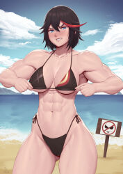 Rule 34 | 1girl, abs, absurdres, adapted costume, alternate muscle size, beach, biceps, bikini, black bikini, black hair, blue eyes, blue sky, blush, breasts, clenched teeth, cloud, commentary, contrapposto, cowboy shot, day, embarrassed, english commentary, gluteal fold, hair between eyes, highleg, highleg bikini, highres, horizon, kill la kill, looking at viewer, matoi ryuuko, medium breasts, multicolored hair, muscular, muscular female, navel, ocean, outdoors, red hair, senketsu, shore, short hair, side-tie bikini bottom, sign, signature, simple bird, sky, solo, speedl00ver, stomach, streaked hair, sweatdrop, swimsuit, teeth, thick thighs, thighs, tomboy, underboob, v-shaped eyebrows