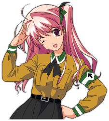 Rule 34 | 1girl, alternate costume, ns2d, pink hair, purple eyes, sakihata rimi, salute