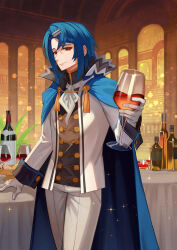 Rule 34 | 1boy, absurdres, alcryst (fire emblem), ascot, asymmetrical hair, blue hair, bottle, cape, closed mouth, cup, drinking glass, fire emblem, fire emblem engage, gloves, hair between eyes, hair ornament, hairclip, high collar, highres, holding, looking at viewer, male focus, nintendo, red eyes, short hair, smile, solo, standing, table, teo (telo ruka), white ascot, white gloves, wine bottle, wine glass