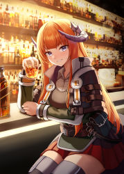 Rule 34 | 1girl, absurdres, arknights, bagpipe (arknights), bar (place), belt, bottle, commentary, cup, daisy cutter, drinking glass, female focus, grin, hand up, highres, holding, holding cup, horns, ice, ice cube, indoors, jacket, long hair, long sleeves, looking at viewer, miniskirt, orange hair, pleated skirt, pouch, purple eyes, red skirt, revision, sitting, skirt, smile, solo, sweat, thighhighs, very long hair