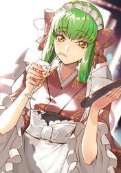 Rule 34 | 1girl, alternate costume, alternate hairstyle, apron, backlighting, blurry, blurry background, bow, c.c., code geass, commentary request, creayus, cup, day, drinking, drinking glass, dutch angle, frilled sleeves, frills, green hair, hair bow, hair rings, holding, holding cup, holding drinking glass, holding tray, ice, ice cube, japanese clothes, kimono, long hair, long sleeves, looking at viewer, maid, maid headdress, short hair, solo, sunlight, tray, tsurime, upper body, wa maid, waist apron, white apron, white bow, wide sleeves, yellow eyes
