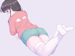Rule 34 | 1girl, artist name, ass, black hair, blush, brown eyes, commentary request, crossed ankles, crossed legs, from behind, full body, green shorts, hair ornament, hairclip, legs up, long hair, looking back, lying, no shoes, on stomach, original, profile, shorts, signature, simple background, soles, solo, sweater, thighhighs, thighs, translated, ushinomiya, white thighhighs, wings