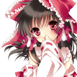 Rule 34 | 1girl, bad id, bad pixiv id, bow, covering own mouth, detached sleeves, female focus, hair bow, hakurei reimu, red eyes, sacraneco, solo, touhou