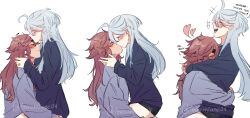 Rule 34 | 2girls, absurdres, akasukiane04, artist name, closed eyes, commentary, couple, english commentary, english text, female focus, grey hair, gundam, gundam suisei no majo, heart, highres, hug, jewelry, kiss, kissing forehead, light blush, long hair, miorine rembran, multiple girls, pajamas, red hair, ring, simple background, smile, suletta mercury, thick eyebrows, twitter username, watermark, wedding ring, white background, wife and wife, yuri