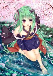 Rule 34 | 1girl, :d, bare shoulders, barefoot, black kimono, blunt bangs, butterfly hair ornament, cherry blossoms, collarbone, commentary request, criss-cross halter, day, detached sleeves, foreshortening, from above, full body, green hair, hair ornament, hair ribbon, halterneck, happy, highres, japanese clothes, kimono, kusaya01411, long hair, long ribbon, long sleeves, looking at viewer, looking up, murasame (senren), open hands, open mouth, outdoors, outstretched arms, pink ribbon, ribbon, ripples, river, senren banka, short kimono, sidelocks, smile, soaking feet, soles, solo, spring (season), standing, standing on one leg, straight hair, toes, tsurime, two side up, very long hair, water, water drop, wide sleeves