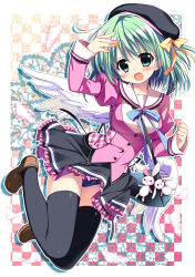 Rule 34 | 1girl, :d, angel wings, aqua eyes, bag, beret, black thighhighs, blazer, blue eyes, blue hair, blush, border, bow, breasts, checkered background, feathers, green hair, handbag, hat, jacket, charm (object), looking at viewer, matching hair/eyes, nagayama yuunon, open mouth, original, outline, outside border, rabbit, school swimsuit, shadow, shoes, skirt, smile, solo, stuffed animal, stuffed rabbit, stuffed toy, swimsuit, swimsuit under clothes, thighhighs, white border, wings
