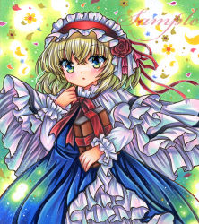 Rule 34 | 1girl, :o, alice margatroid, blonde hair, blue dress, blue eyes, blush, book, capelet, cowboy shot, dress, embellished costume, fireflies, floating clothes, flower, frilled dress, frilled hairband, frilled shirt collar, frilled sleeves, frills, green background, grimoire of alice, hair between eyes, hair flower, hair ornament, hairband, hand up, holding, holding book, lolita hairband, long sleeves, looking at viewer, marker (medium), medium hair, neck ribbon, parted lips, petals, red flower, red hairband, red ribbon, red rose, ribbon, rose, rui (sugar3), sample watermark, shirt, solo, standing, touhou, traditional media, watermark, white capelet, white shirt, yellow flower