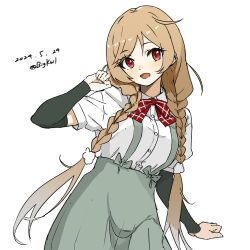 Rule 34 | 1girl, absurdres, arm warmers, bigkwl, bow, bowtie, braid, cloud hair ornament, collared shirt, cowboy shot, dated, dress shirt, grey skirt, highres, kantai collection, light brown hair, looking at viewer, low twin braids, low twintails, minegumo (kancolle), one-hour drawing challenge, plaid, plaid bow, plaid bowtie, red bow, red bowtie, shirt, simple background, skirt, solo, suspender skirt, suspenders, twin braids, twintails, twitter username, white background, white shirt