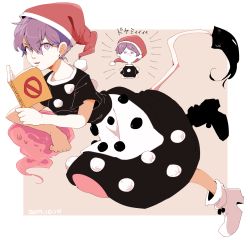Rule 34 | 1girl, 2015, arm rest, blob, blouse, book, boots, chibi, chibi inset, dated, doremy sweet, doyagao, earrings, eyebrows, eyes visible through hair, full body, hat, jewelry, looking at viewer, namataro, nightcap, no symbol, open mouth, pom pom (clothes), purple eyes, purple hair, shirt, short hair, skirt, smug, solo, tail, tapir tail, thick eyebrows, touhou, translated
