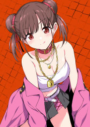 Rule 34 | 1girl, :q, bandeau, bare shoulders, belt, black skirt, breasts, brown hair, chain, cleavage, collar, collarbone, commentary request, cowboy shot, crop top, double bun, highres, idolmaster, idolmaster shiny colors, jacket, jewelry, leaning forward, lock, long hair, looking at viewer, marugoshi (54burger), medium breasts, midriff, miniskirt, navel, necklace, off shoulder, open clothes, open jacket, orange background, padlock, pink jacket, pleated skirt, red eyes, skirt, smile, solo, sonoda chiyoko, tongue, tongue out, twintails