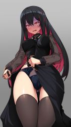 Rule 34 | 1girl, arata, black dress, black hair, black panties, blush, breasts, brown thighhighs, cameltoe, choker, colored inner hair, dress, embarrassed, fishnet sleeves, fishnets, from below, full-face blush, genderswap, genderswap (mtf), gluteal fold, grey background, hair between eyes, halterneck, highres, jewelry, long hair, medium breasts, multicolored hair, necklace, open mouth, painttool sai (medium), panties, photoshop (medium), pink hair, red eyes, ren (witch&#039;s weapon), simple background, skindentation, solo, thighhighs, thighs, two-tone hair, underwear, undressing, unzipped, witch&#039;s weapon, zettai ryouiki