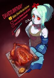 Rule 34 | 1girl, anger vein, apron, artificial eye, breasts, checklist, chicken (food), colored sclera, colored skin, commentary, cyberpunk (series), cyberpunk edgerunners, cyborg, english commentary, english text, food, full moon, green hair, hair bun, hand on own hip, highres, holding, holding plate, krekkball, krekkov, leg tattoo, mechanical arms, mechanical eye, mechanical hands, moon, nearly naked apron, neck tattoo, oversized forearms, oversized limbs, paid reward, paid reward available, petite, pink tattoo, plate, potato, pout, rebecca (cyberpunk), red eyes, red pupils, red sclera, single mechanical arm, small breasts, solo, sweat, tattoo, white skin