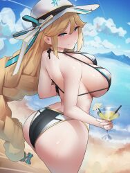 Rule 34 | 1girl, absurdres, ass, bare shoulders, beach, blonde hair, blue eyes, braid, breasts, controlline3, cup, goddess of victory: nikke, hat, highres, holding, holding cup, huge breasts, long hair, looking at viewer, ocean, outdoors, rapunzel (nikke), solo, sun hat, sweat, swimsuit, thighs, very long hair, water