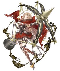 Rule 34 | 1girl, :d, blonde hair, bow (weapon), bustier, cloak, crossbow, dress, full body, hair ornament, huge weapon, ji no, long hair, looking at viewer, official art, open mouth, orange eyes, red dress, red riding hood (sinoalice), sinoalice, smile, smoke, solo, teeth, thigh strap, torn cloak, torn clothes, transparent background, upper teeth only, weapon