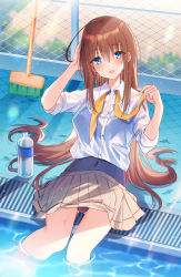 Rule 34 | 1girl, :d, arm up, blue eyes, blue one-piece swimsuit, blush, bottle, breasts, broom, brown hair, brown skirt, chain-link fence, collared shirt, commentary request, covered navel, day, dress shirt, fence, hair between eyes, head tilt, highres, kinona, long hair, long sleeves, looking at viewer, melonbooks, neckerchief, one-piece swimsuit, open mouth, original, outdoors, pleated skirt, pool, poolside, school swimsuit, see-through, shirt, skirt, small breasts, smile, solo, sweat, swimsuit, swimsuit under clothes, undone neckerchief, very long hair, water bottle, wet, wet clothes, wet shirt, white shirt, yellow neckwear