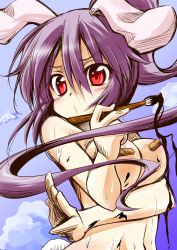 Rule 34 | 1girl, absurdres, alternate hairstyle, animal ears, bandaid, bandaids on nipples, breasts, brush, cloud, day, dokkoi, female focus, highres, long hair, medium breasts, nude, pasties, ponytail, purple hair, rabbit ears, rabbit girl, rabbit tail, red eyes, reisen udongein inaba, sky, solo, tail, touhou, upper body