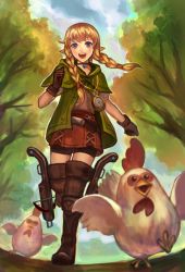 Rule 34 | 1girl, :d, bad id, bad pixiv id, belt, bike shorts, bird, blonde hair, blue eyes, blush, boots, bow (weapon), braid, brown footwear, brown gloves, capelet, chicken, choker, compass, crossbow, cucco, gloves, green capelet, hood, hyrule warriors, jewelry, linkle, long hair, looking at viewer, nintendo, okakan, open mouth, outdoors, pointy ears, running, shorts, shorts under skirt, sky, smile, solo, teeth, the legend of zelda, thigh boots, thighhighs, tree, twin braids, weapon