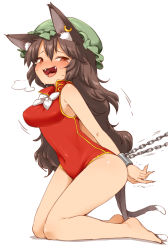 Rule 34 | 1girl, alternate breast size, alternate hair length, alternate hairstyle, animal ear fluff, animal ears, bare arms, bare legs, barefoot, bow, breasts, brown hair, cat ears, cat tail, chain, chen, commentary request, covered navel, cuffs, dress, earrings, fangs, fingernails, from side, full body, green hat, harusame (unmei no ikasumi), hat, jewelry, kneeling, long fingernails, long hair, looking at viewer, medium breasts, mob cap, motion lines, multiple tails, open mouth, red dress, red eyes, short dress, simple background, smile, solo, sweat, tail, touhou, two tails, uvula, white background, white bow